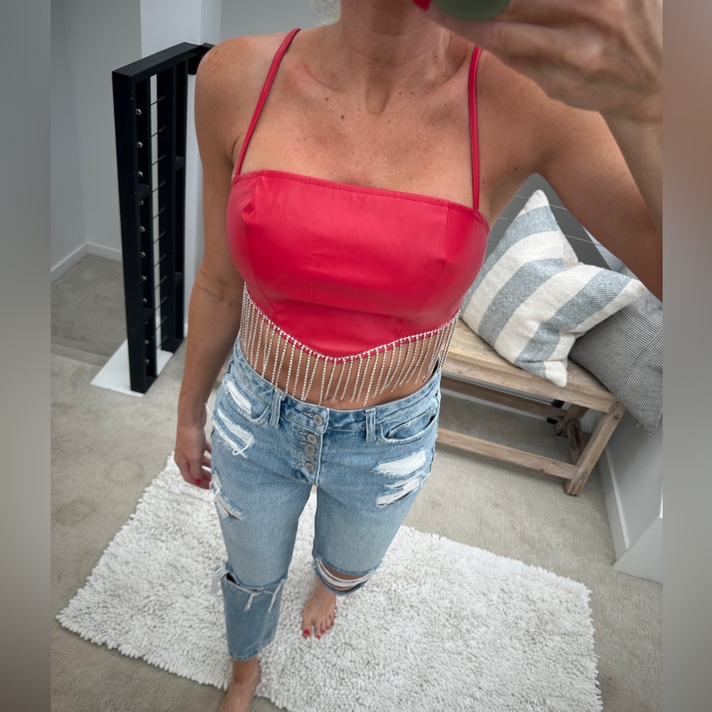 Trendy & Tipsy Red Rhinestone Fringe Crop Top Festival Going Out | NWT Size S - Picture 3 of 14